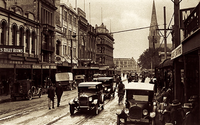 London street with taxis, in about 1930s.